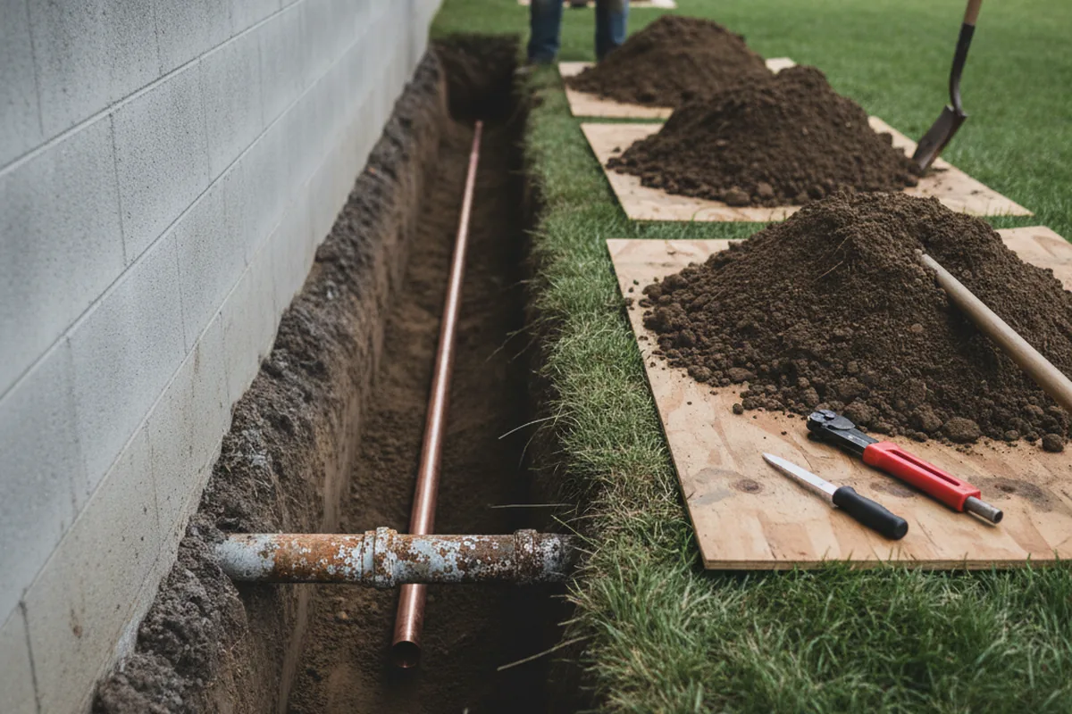 Excavated water line trench during Water Heater Repair in Drexel Hill